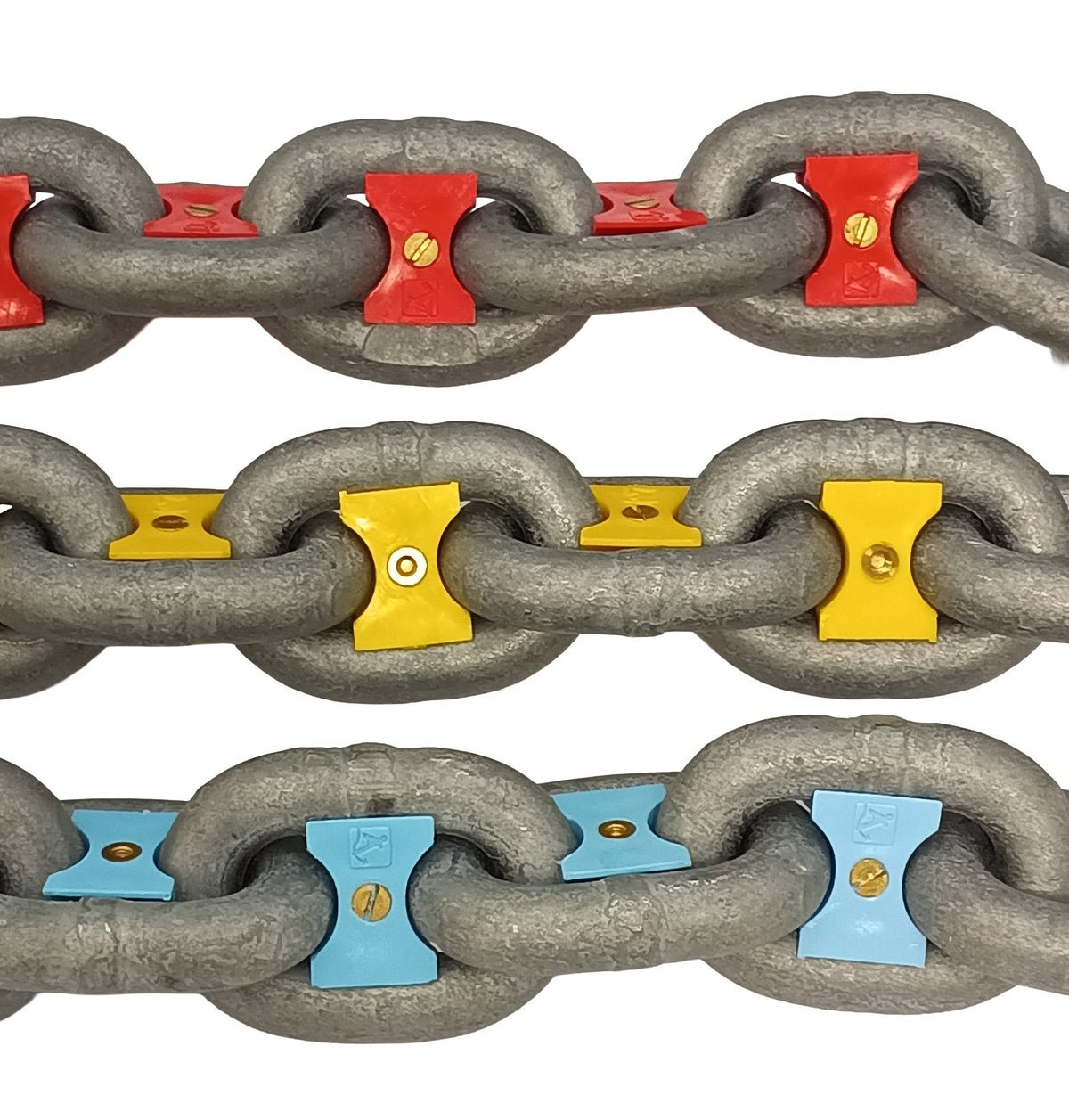 Red, yellow and light blue Anchoright markers screwed onto galvanised anchor chain